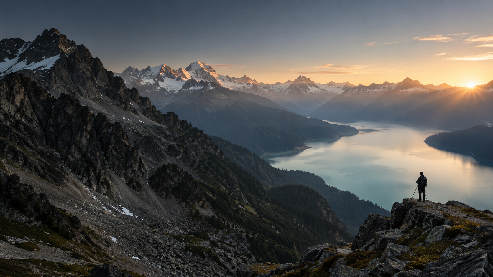 Morgenlicht über einem Bergsee, eine Person mit Kamera am Aussichtspunkt.